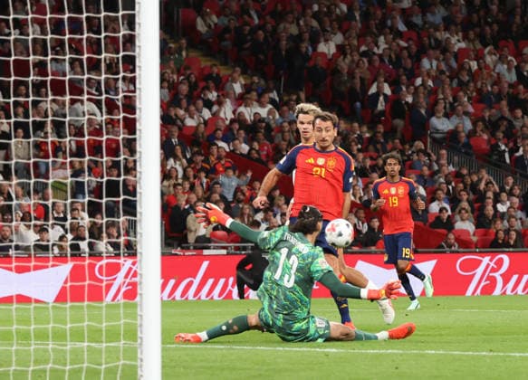 Spain™s Mikel Oyarzabal scores the third Spain goal (2-3) at the England v Spain UEFA Nations League Group 3 match, at Wembley Stadium, London, UK, on 26th September, 2026.  .