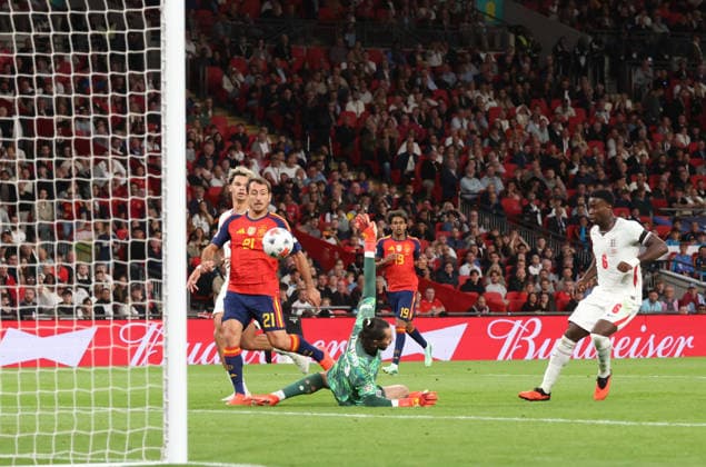 Spain™s Mikel Oyarzabal scores the third Spain goal (2-3) at the England v Spain UEFA Nations League Group 3 match, at Wembley Stadium, London, UK, on 26th September, 2026.  .