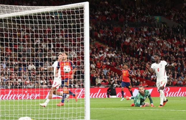 Spain™s Mikel Oyarzabal scores the third Spain goal (2-3) at the England v Spain UEFA Nations League Group 3 match, at Wembley Stadium, London, UK, on 26th September, 2026.  .