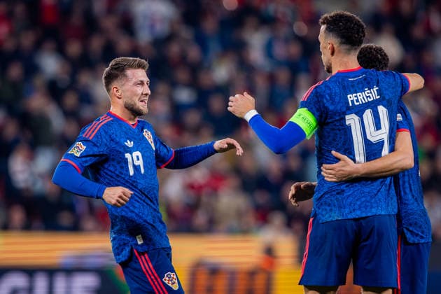 CZECHIA - CROATIA Marco Pasalic of Croatia and Orlando City celebrates a goal with Ivan Perisic of Croatia and PSV Eindhoven during UEFA Nations League - League A - Group A3 - Matchday 1 - football match between Czechia and Croatia. Fortuna Arena, Eden, Stadion, Prague, Czechia September 26, 2026. Photo by Branislav Racko Copyright: xx 080A0309