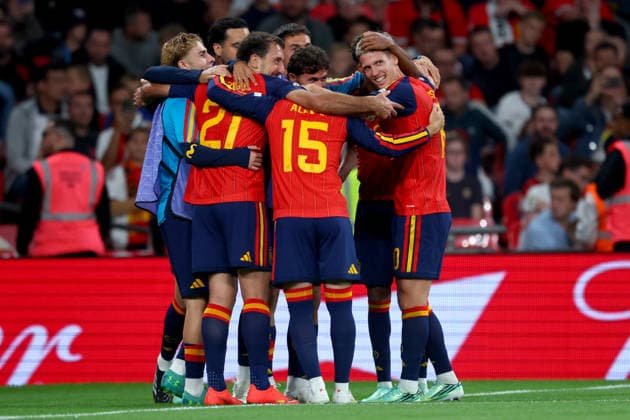 England v Spain - UEFA Nations League 2026 27 Group A3 MD1 Mikel Oyarzabal, Alex Baena Dani Olmo of Spain celebrate 3rd goal during the UEFA Nations League 2026 27 group phase match between England and Spain at Wembley Stadium on September 26, 2026 in London, England. London Wembley Stadium England United Kingdom Copyright: xAllstarxPicturexLibraryxLtdx