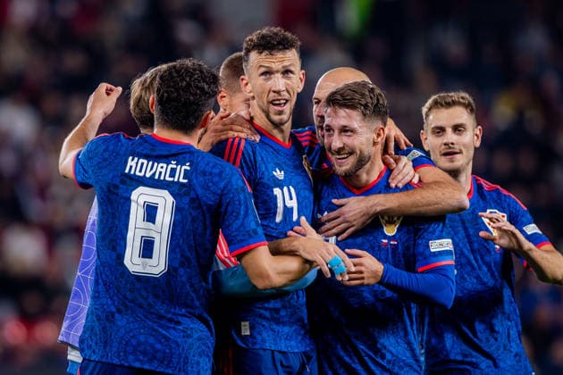 CZECHIA - CROATIA Marco Pasalic of Croatia and Orlando City celebrates a goal with Ivan Perisic of Croatia and PSV Eindhoven, Mateo Kovacic of Croatia and Manchester City during UEFA Nations League - League A - Group A3 - Matchday 1 - football match between Czechia and Croatia. Fortuna Arena, Eden, Stadion, Prague, Czechia September 26, 2026. Photo by Branislav Racko Copyright: xx 080A0334
