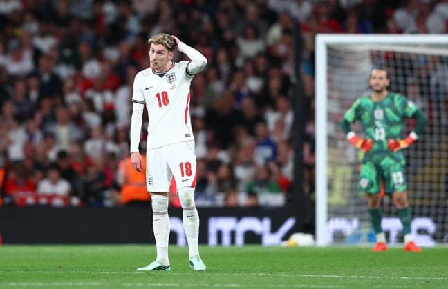 London, England, 26th September 2026. James Garner of England reacts after Mikel Oyarzabal of Spain scores to make it 3-2 during the England vs Spain UEFA Nations League match at Wembley Stadium, London. Picture credit should read: Paul Terry Sportimage EDITORIAL USE ONLY. No use with unauthorised audio, video, data, fixture lists, club league logos or live services. Online in-match use limited to 120 images, no video emulation. No use in betting, games or single club league player publications. SPI_085_PT_England_Spain SPI-5020-0084