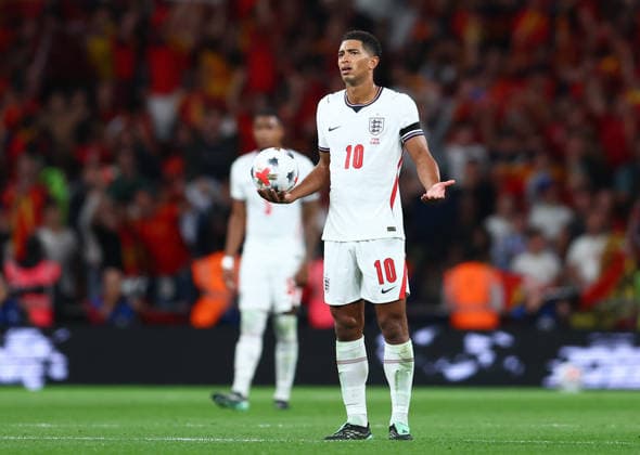 London, England, 26th September 2026. Jude Bellingham of England reacts after Mikel Oyarzabal of Spain scores to make it 3-2 during the England vs Spain UEFA Nations League match at Wembley Stadium, London. Picture credit should read: Paul Terry Sportimage EDITORIAL USE ONLY. No use with unauthorised audio, video, data, fixture lists, club league logos or live services. Online in-match use limited to 120 images, no video emulation. No use in betting, games or single club league player publications. SPI_086_PT_England_Spain SPI-5020-0085