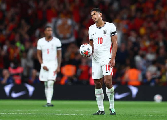 London, England, 26th September 2026. Jude Bellingham of England reacts after Mikel Oyarzabal of Spain scores to make it 3-2 during the England vs Spain UEFA Nations League match at Wembley Stadium, London. Picture credit should read: Paul Terry Sportimage EDITORIAL USE ONLY. No use with unauthorised audio, video, data, fixture lists, club league logos or live services. Online in-match use limited to 120 images, no video emulation. No use in betting, games or single club league player publications. SPI_087_PT_England_Spain SPI-5020-0086
