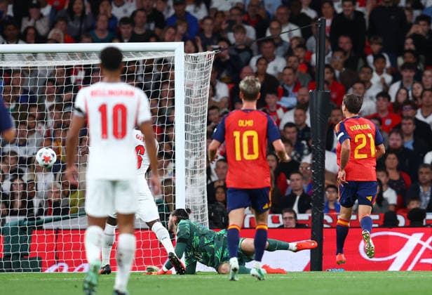 London, England, 26th September 2026. Mikel Oyarzabal of Spain scores to make it 3-2 during the England vs Spain UEFA Nations League match at Wembley Stadium, London. Picture credit should read: Paul Terry Sportimage EDITORIAL USE ONLY. No use with unauthorised audio, video, data, fixture lists, club league logos or live services. Online in-match use limited to 120 images, no video emulation. No use in betting, games or single club league player publications. SPI_088_PT_England_Spain SPI-5020-0087