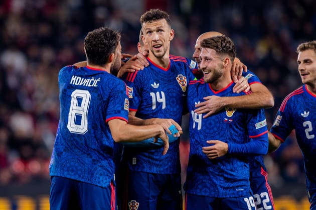 CZECHIA - CROATIA Marco Pasalic of Croatia and Orlando City celebrates a goal with Ivan Perisic of Croatia and PSV Eindhoven, Mateo Kovacic of Croatia and Manchester City during UEFA Nations League - League A - Group A3 - Matchday 1 - football match between Czechia and Croatia. Fortuna Arena, Eden, Stadion, Prague, Czechia September 26, 2026. Photo by Branislav Racko Copyright: xx 080A0336