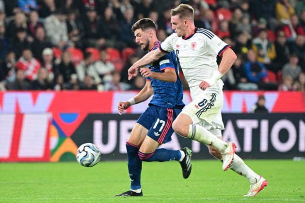 L-R Petar Sucic (CRO) and Stepan Chaloupek (CZE) in action during the UEFA Nations League, A3 group 1st round match: Czechia vs Croatia, in Prague, Czech Republic, on September 26, 2026. (CTKxPhoto MichalxKamaryt) CTKPhotoP2026092606759  CTKPhotoP2026092606759