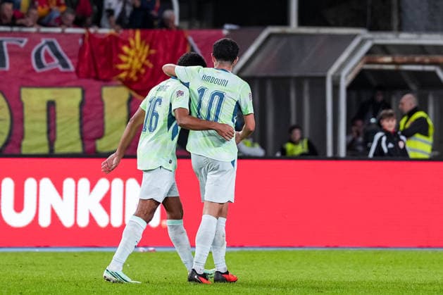 Soccer: UEFA Nations League 2026–2027, September 26, 2026, North Macedonia vs. Switzerland, National Arena Todor Proeski: Zachary Athekame (16, Switzerland) and Zeki Amdouni (10, Switzerland) embrace after scoring the goal that made it 3–0 Copyright: xValentinxDomgjonix