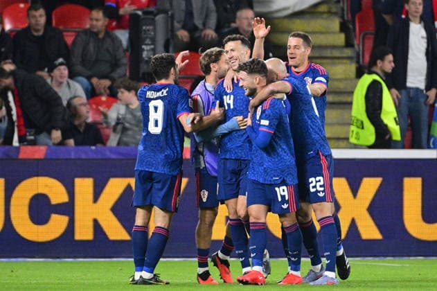 Croatian national football players celebrate a goal during the UEFA Nations League, A3 group 1st round match: Czechia vs Croatia, in Prague, Czech Republic, on September 26, 2026. (CTKxPhoto VitxSimanek) CTKPhotoP2026092606790  CTKPhotoP2026092606790