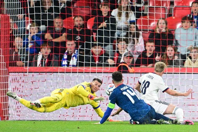 L-R goalkeeper Dominik Livakovic (CRO), Ivan Perisic (CRO) and Matej Radosta (CZE) in action during the UEFA Nations League, A3 group 1st round match: Czechia vs Croatia, in Prague, Czech Republic, on September 26, 2026. The Matej Radosta s goal (pictured) was disallowed. (CTKxPhoto MichalxKamaryt) CTKPhotoP2026092606806  CTKPhotoP2026092606806