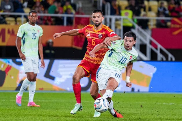 Soccer: UEFA Nations League 2026–2027, September 26, 2026, North Macedonia vs. Switzerland, Todor Proeski National Arena, Zeki Amdouni 10, Switzerland shoots and scores to make it 3–0 for Switzerland; shot on goal, goal, Djibril Sow 15, Switzerland, Visar Musliu 6, North Macedonia Copyright: xValentinxDomgjonix