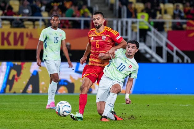 Soccer: UEFA Nations League 2026–2027, September 26, 2026, North Macedonia vs. Switzerland, Todor Proeski National Arena, Zeki Amdouni 10, Switzerland shoots and scores to make it 3–0 for Switzerland; shot on goal, goal, Djibril Sow 15, Switzerland, Visar Musliu 6, North Macedonia Copyright: xValentinxDomgjonix
