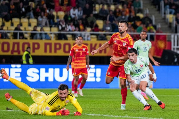 Soccer: UEFA Nations League 2026–2027, September 26, 2026, North Macedonia vs. Switzerland, Todor Proeski National Arena, Zeki Amdouni 10: Switzerland scores to make it 3–0, Stole Dimitrievski 23: North Macedonia is left empty-handed, goal for Switzerland Copyright: xValentinxDomgjonix