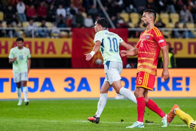 Soccer: UEFA Nations League 2026–2027, September 26, 2026, North Macedonia vs. Switzerland, National Arena Todor Proeski, Zeki Amdouni 10, Switzerland scores to make it 3–0 for Switzerland, goal, goal celebration, disappointment for Visar Musliu 6, North Macedonia Copyright: xValentinxDomgjonix