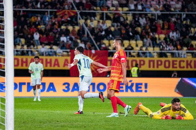 Soccer: UEFA Nations League 2026–2027, September 26, 2026, North Macedonia vs. Switzerland, National Arena Todor Proeski, Zeki Amdouni 10, Switzerland scores to make it 3–0 for Switzerland, goal, goal celebration, disappointment for Visar Musliu 6, North Macedonia Copyright: xValentinxDomgjonix