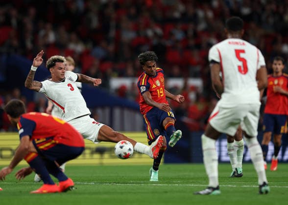 RECORD DATE NOT STATED 26th September 2026; Wembley Stadium, London, England; UEFA Nations League Football, England versus Spain; Lamine Yamal of Spain taking a shot past Nico O Reilly of England JohnxPatrickxFletcher