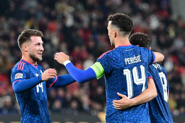 L-R Marco Pasalic (CRO), Ivan Perisic (CRO) and Mateo Kovacic (CRO) celebrate Pasalic s goal during the UEFA Nations League, A3 group 1st round match: Czechia vs Croatia, in Prague, Czech Republic, on September 26, 2026. (CTKxPhoto MichalxKamaryt) CTKPhotoP2026092606849  CTKPhotoP2026092606849