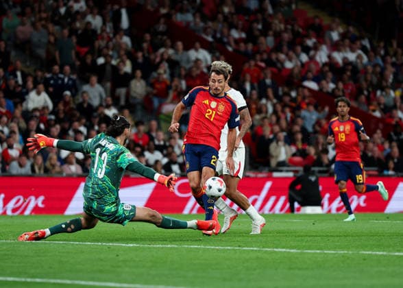 RECORD DATE NOT STATED 26th September 2026; Wembley Stadium, London, England; UEFA Nations League Football, England versus Spain; Mikel Oyarzabal of Spain scoring his sides 3rd goal in the 74th minute to make it 2-3 JohnxPatrickxFletcher