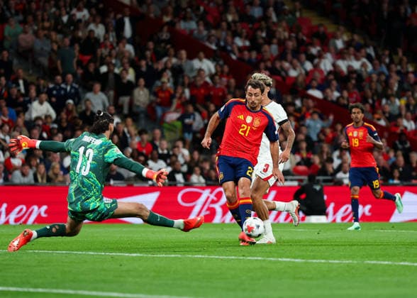 RECORD DATE NOT STATED 26th September 2026; Wembley Stadium, London, England; UEFA Nations League Football, England versus Spain; Mikel Oyarzabal of Spain scoring his sides 3rd goal in the 74th minute to make it 2-3 JohnxPatrickxFletcher