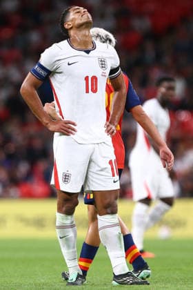 LONDON, ENGLAND, SEPTEMBER 26: Jude Bellingham of England dejects following a missed shot at goal during a UEFA Nations League Group 3 match between England and Spain at the Wembley Stadium on September 26, 2026 in London, England. (Photo by Zach Forster Sports Press Photo) Copyright: xZachxForster SportsxPressxPhotox Sportspressphoto_SPR240455