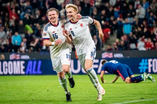 Adam Karabec (CZE), right, celebrates his goal (1:1) during the UEFA Nations League, A3 group 1st round match: Czechia vs Croatia, in Prague, Czech Republic, on September 26, 2026. On the left is seen Pavel Sulc (CZE). (CTKxPhoto VitxSimanek) CTKPhotoP2026092607024  CTKPhotoP2026092607024