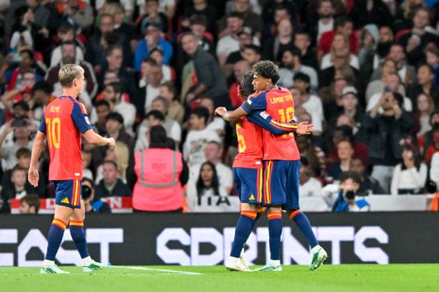 Alex Baena of Spain celebrates scoring in the second half during the Nations League match between England and Spain at Wembley Stadium, London, England on 26 September 2026. Copyright: xPhilxHutchinsonx 45460023
