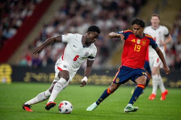 LONDON, ENGLAND - SEPTEMBER 26: Marc Guehi of England national team, Nationalteam and Lamine Yamal of Spain National Team scoring goal during the UEFA Nations League 2026 27 group phase match between England and Spain at Wembley Stadium on September 26, 2026 in London, England. Photo Sebastian Frej England v Spain - UEFA Nations League 2026 27 Group A3 MD1 Copyright: xx