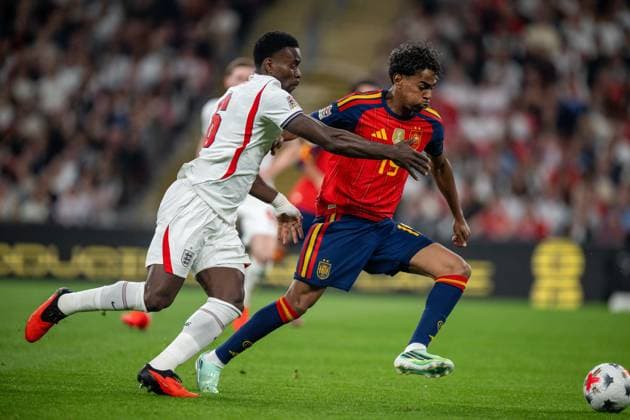 LONDON, ENGLAND - SEPTEMBER 26: Marc Guehi of England national team, Nationalteam and Lamine Yamal of Spain National Team scoring goal during the UEFA Nations League 2026 27 group phase match between England and Spain at Wembley Stadium on September 26, 2026 in London, England. Photo Sebastian Frej England v Spain - UEFA Nations League 2026 27 Group A3 MD1 Copyright: xx