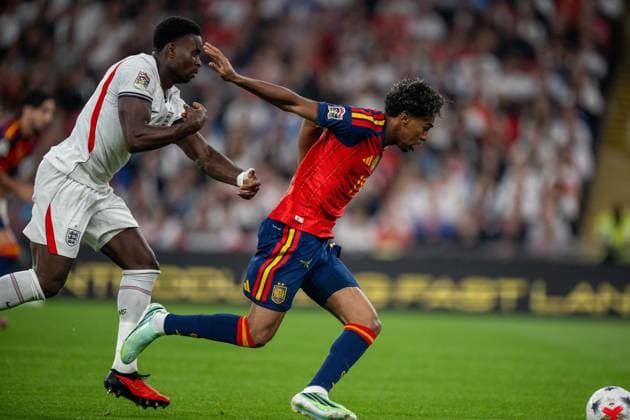 LONDON, ENGLAND - SEPTEMBER 26: Marc Guehi of England national team, Nationalteam and Lamine Yamal of Spain National Team scoring goal during the UEFA Nations League 2026 27 group phase match between England and Spain at Wembley Stadium on September 26, 2026 in London, England. Photo Sebastian Frej England v Spain - UEFA Nations League 2026 27 Group A3 MD1 Copyright: xx