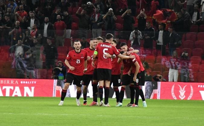 Albania v Belarus - UEFA Nations League TIRANA, ALBANIA - SEPTEMBER 26: Players of Albania celebrate after score a goal during the UEFA Nations League 2026 27 group phase C Group match between Albania and Bearus at the Air Albania Stadium in Tirana, Albania on September 26, 2026. Olsi Shehu Anadolu Tirana Albania. Editorial use only. Please get in touch for any other usage.  Copyright: x2026xAnadoluxOlsixShehux