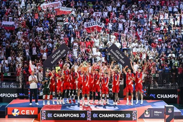 IPA89012055 - The gold medalists from Team Poland pose on the podium during the medal ceremony following the gold medal match between France and Poland on September 26, 2026, at the Unipol Forum in Milan, Italy. Photo by Tiziano Ballabio  Copyright: xTizianoxBallabio IPAxSportx xx IPA89012055
