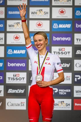 NIEWIADOMA PHINNEY Kasia UCI Road Cycling World Championships Montreal Canada 2026 NIEWIADOMA PHINNEY Kasia POL Poland Second Place Award Ceremony Medal Ceremony Podium Portrait Orientation Vertical Portrait Event UCI Road Cycling World Championships Montreal Canada 2026 Category Cycling Road Cycling World Championships Elite Women Location North America, Canada, Quebec, Montreal Start Brossard Finish Montreal Road Race (RR) Distance 180.1 km Date September 26, 2026 (Saturday), Day 6