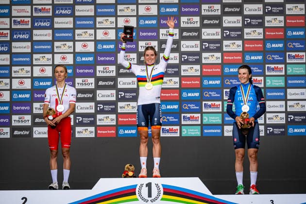 NIEWIADOMA PHINNEY Kasia, VOLLERING Demi, LONGO BORGHINI Elisa UCI Road Cycling World Championships Montreal, Canada 2026 NIEWIADOMA PHINNEY Kasia POL Poland Second Place VOLLERING Demi NED Netherlands Winner First Place LONGO BORGHINI Elisa ITA Italy Third Place Award Ceremony Medal Ceremony Podium Landscape orientation horizontal Landscape Event UCI Road Cycling World Championships Montreal, Canada 2026 Category Cycling Road Cycling World Championships Elite Women Location North America, Canada, Quebec, Montreal Start Brossard Finish Montreal Road Race (RR) Distance 180.1 km Date September 26, 2026 (Saturday), Day 6