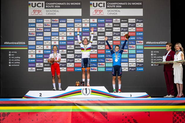 NIEWIADOMA PHINNEY Kasia, VOLLERING Demi, LONGO BORGHINI Elisa UCI Road Cycling World Championships Montreal, Canada 2026 NIEWIADOMA PHINNEY Kasia POL Poland Second Place VOLLERING Demi NED Netherlands Winner First Place LONGO BORGHINI Elisa ITA Italy Third Place Award Ceremony Medal Ceremony Podium Landscape orientation horizontal Landscape Event UCI Road Cycling World Championships Montreal, Canada 2026 Category Cycling Road Cycling World Championships Elite Women Location North America, Canada, Quebec, Montreal Start Brossard Finish Montreal Road Race (RR) Distance 180.1 km Date September 26, 2026 (Saturday), Day 6