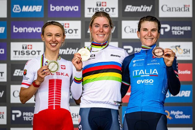NIEWIADOMA PHINNEY Kasia, VOLLERING Demi, LONGO BORGHINI Elisa UCI Road Cycling World Championships Montreal, Canada 2026 NIEWIADOMA PHINNEY Kasia POL Poland Second Place VOLLERING Demi NED Netherlands Winner First Place LONGO BORGHINI Elisa ITA Italy Third Place Award Ceremony Medal Ceremony Podium Landscape orientation horizontal Landscape Event UCI Road Cycling World Championships Montreal, Canada 2026 Category Cycling Road Cycling World Championships Elite Women Location North America, Canada, Quebec, Montreal Start Brossard Finish Montreal Road Race (RR) Distance 180.1 km Date September 26, 2026 (Saturday), Day 6