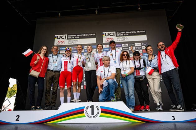 Poland UCI Road Cycling World Championships Montreal Canada 2026 NIEWIADOMA PHINNEY Kasia LACH Marta ASKULSKA Marta RYSZ Kaja WLODARCZYK Dominika POL Poland Award Ceremony Medal Ceremony Podium Landscape Format landscape horizontal Landscape Event UCI Road Cycling World Championships Montreal Canada 2026 Category Cycling Road Cycling World Championships Elite Women Location North America, Canada, Quebec, Montreal Start Brossard Finish Montreal Road Race RR Distance 180.1 km Date September 26, 2026, Saturday Day 6
