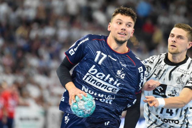 Handball I Men I 2026–2027 Season I Bundesliga I Matchday 6 I THW Kiel vs. SG Flensburg Handewitt I September 26, 2026; from left: Marko Grgic (17), SG Flensburg Handewitt; Vincent Büchner (74), THW Kiel Copyright: xLobeca JanxKirschnerx