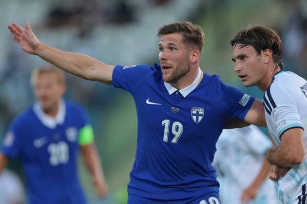 San Marino v Finland - UEFA Nations League - Season 2026-2027 Serravalle, Italy, 26th September 2026. Filippo Fabbri of San Marino tussles with Benjamin Kallman of Finland during the San Marino vs Finland UEFA Nations League match at San Marino Stadium, Serravalle. Picture credit should read: Jonathan Moscrop Serravalle San Marino Stadium San Marino