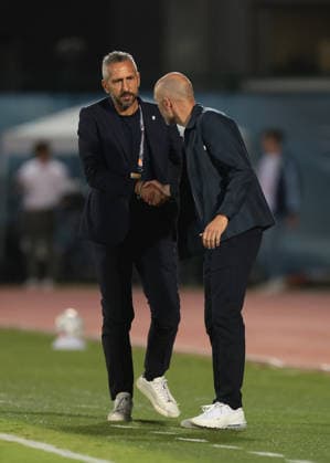 San Marino v Finland - UEFA Nations League - Season 2026-2027 Serravalle, Italy, 26th September 2026. Roberto Cevoli Head coach of San Marino shakes hands with Jacob Friis Head coach of Finland following the final whistle of the San Marino vs Finland UEFA Nations League match at San Marino Stadium, Serravalle. Picture credit should read: Jonathan Moscrop Serravalle San Marino Stadium San Marino