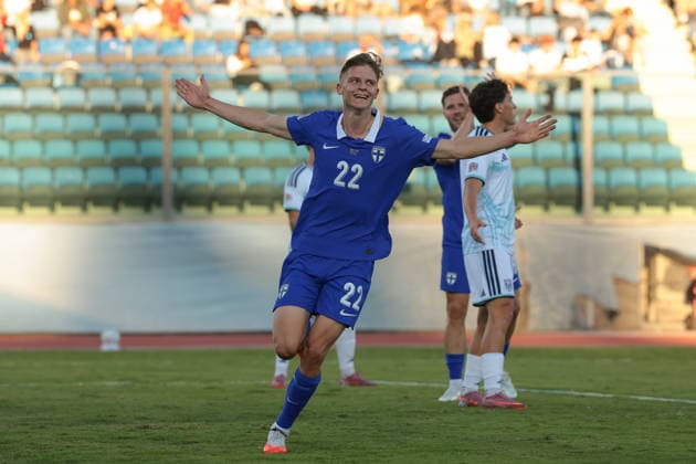 San Marino v Finland - UEFA Nations League - Season 2026-2027 Serravalle, Italy, 26th September 2026. Adrian Svanback of Finland celebrates after scoring to give the visitors a 2-0 lead during the San Marino vs Finland UEFA Nations League match at San Marino Stadium, Serravalle. Picture credit should read: Jonathan Moscrop Serravalle San Marino Stadium San Marino
