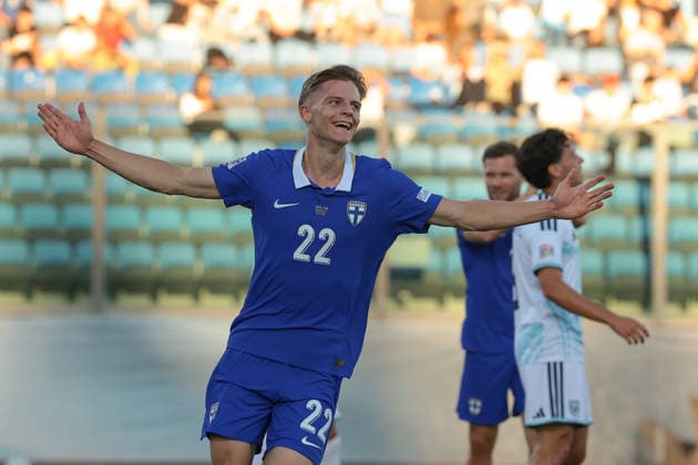 San Marino v Finland - UEFA Nations League - Season 2026-2027 Serravalle, Italy, 26th September 2026. Adrian Svanback of Finland celebrates after scoring to give the visitors a 2-0 lead during the San Marino vs Finland UEFA Nations League match at San Marino Stadium, Serravalle. Picture credit should read: Jonathan Moscrop Serravalle San Marino Stadium San Marino