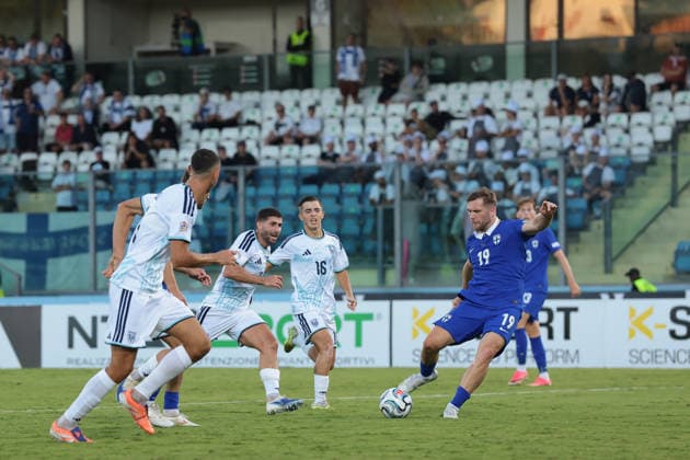 San Marino v Finland - UEFA Nations League - Season 2026-2027 Serravalle, Italy, 26th September 2026. Benjamin Kallman of Finland scores to give the visitors a 3-0 lead during the San Marino vs Finland UEFA Nations League match at San Marino Stadium, Serravalle. Picture credit should read: Jonathan Moscrop Serravalle San Marino Stadium San Marino