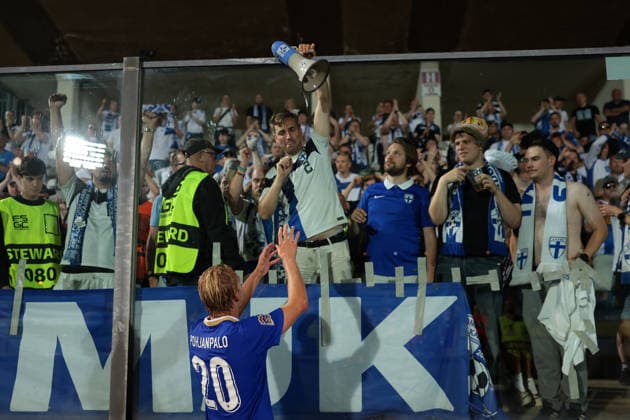 San Marino v Finland - UEFA Nations League - Season 2026-2027 Serravalle, Italy, 26th September 2026. Joel Pohjanpalo of Finland retrieves a megaphone from the fansd following the final whistle of the San Marino vs Finland UEFA Nations League match at San Marino Stadium, Serravalle. Picture credit should read: Jonathan Moscrop Serravalle San Marino Stadium San Marino