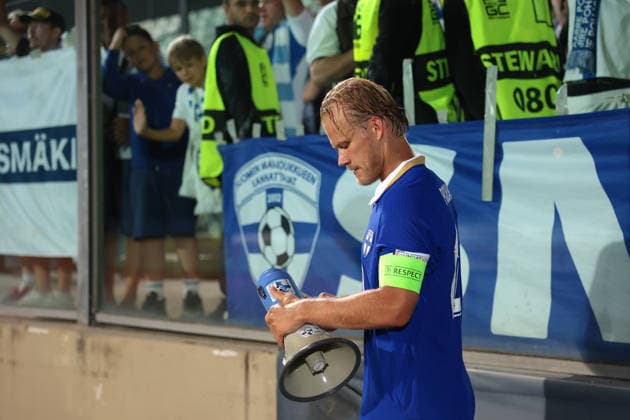 San Marino v Finland - UEFA Nations League - Season 2026-2027 Serravalle, Italy, 26th September 2026. Joel Pohjanpalo of Finland retrieves a megaphone from the fansd following the final whistle of the San Marino vs Finland UEFA Nations League match at San Marino Stadium, Serravalle. Picture credit should read: Jonathan Moscrop Serravalle San Marino Stadium San Marino