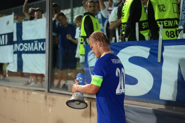 San Marino v Finland - UEFA Nations League - Season 2026-2027 Serravalle, Italy, 26th September 2026. Joel Pohjanpalo of Finland retrieves a megaphone from the fansd following the final whistle of the San Marino vs Finland UEFA Nations League match at San Marino Stadium, Serravalle. Picture credit should read: Jonathan Moscrop Serravalle San Marino Stadium San Marino