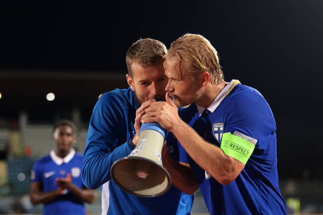 San Marino v Finland - UEFA Nations League - Season 2026-2027 Serravalle, Italy, 26th September 2026. Joel Pohjanpalo and Lukas Hradecky of Finland sing in to a megaphone following the final whistle of the San Marino vs Finland UEFA Nations League match at San Marino Stadium, Serravalle. Picture credit should read: Jonathan Moscrop Serravalle San Marino Stadium San Marino