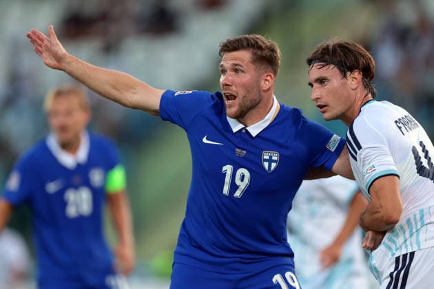 San Marino v Finland - UEFA Nations League - Season 2026-2027 Serravalle, Italy, 26th September 2026. Filippo Fabbri of San Marino tussles with Benjamin Kallman of Finland during the San Marino vs Finland UEFA Nations League match at San Marino Stadium, Serravalle. Picture credit should read: Jonathan Moscrop Serravalle San Marino Stadium San Marino
