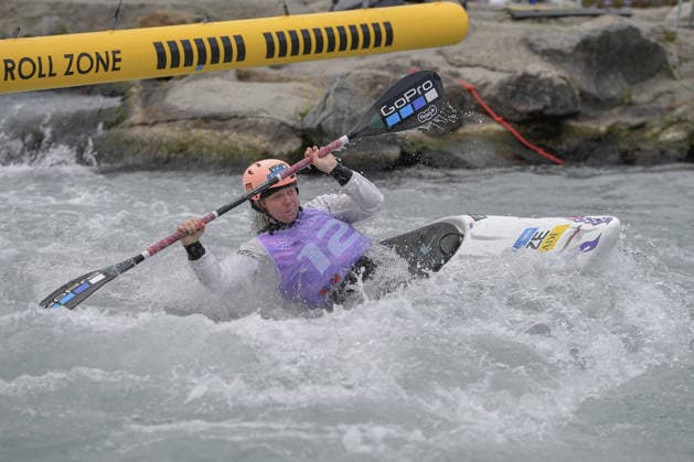 IPA89013839 - Ivrea, Italy, September 26, 2026—2026 Paddle Europe Slalom Championships: Women s Kayak Cross Individual Time Trial at the Canoe Stadium in Ivrea—Olga Samkova_12_(CZE) in action during the 2026 Paddle Europe Slalom Championships Women s Kayak Cross Individual Time Trial at the Ivrea Stadium  Copyright: xTonelloxAbozzi IPAxSportx xx IPA89013839