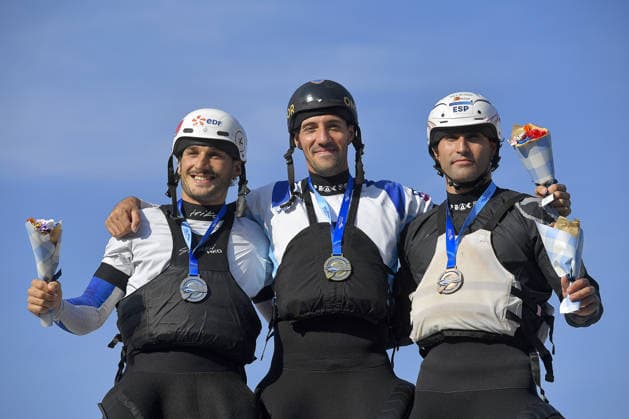 IPA89013956 - Ivrea, Italy, September 26, 2026—Paddle Europe Slalom Championships 2026 Women’s and Men’s Kayak Cross Individual Time Trial at the Canoe Stadium in Ivrea—Bronze medal: Ochoa Manuel_8_(ESP) Silver medal: Madore Mathurin_2_(FRA) Gold medal: De Gennaro Giovanni_10_(ITA) during the 2026 Paddle Europe Slalom Championships Men s Kayak Cross Individual Time Trial at the Ivrea Stadium  Copyright: xTonelloxAbozzi IPAxSportx xx IPA89013956